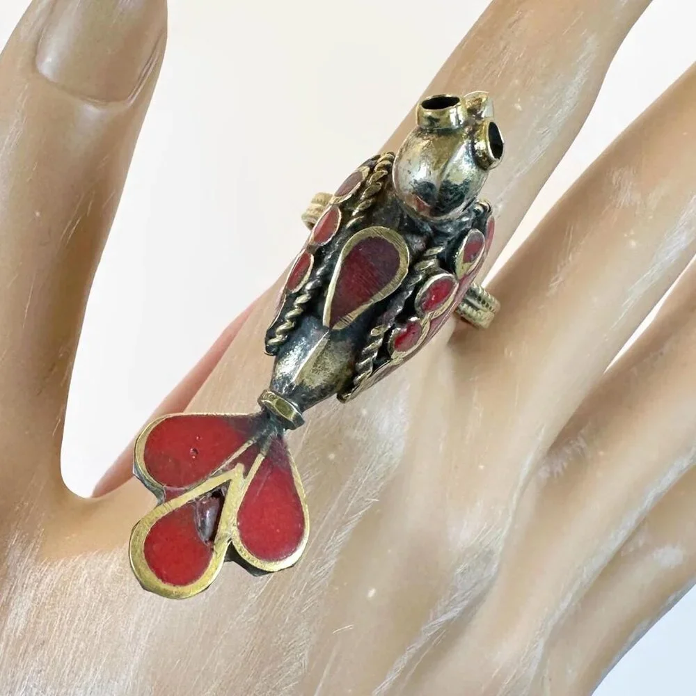 Vintage, Bird Ring, Middle Eastern: Afghan, Red Enameled, Ethnic, Boho - Picture 4 of 4